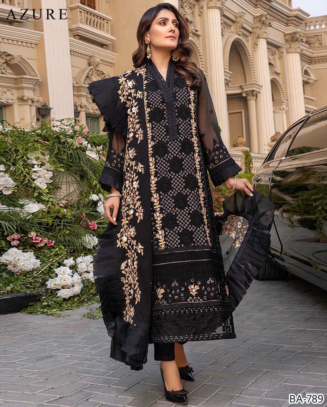 AZURE- 3PC DHANAK EMBROIDERED SHIRT WITH EMBROIDERED CHIFFON DUPPATA- FW-33