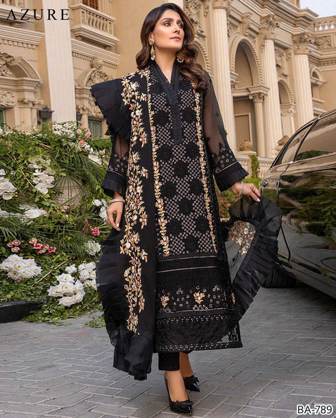 AZURE- 3PC DHANAK EMBROIDERED SHIRT WITH EMBROIDERED CHIFFON DUPPATA- FW-33