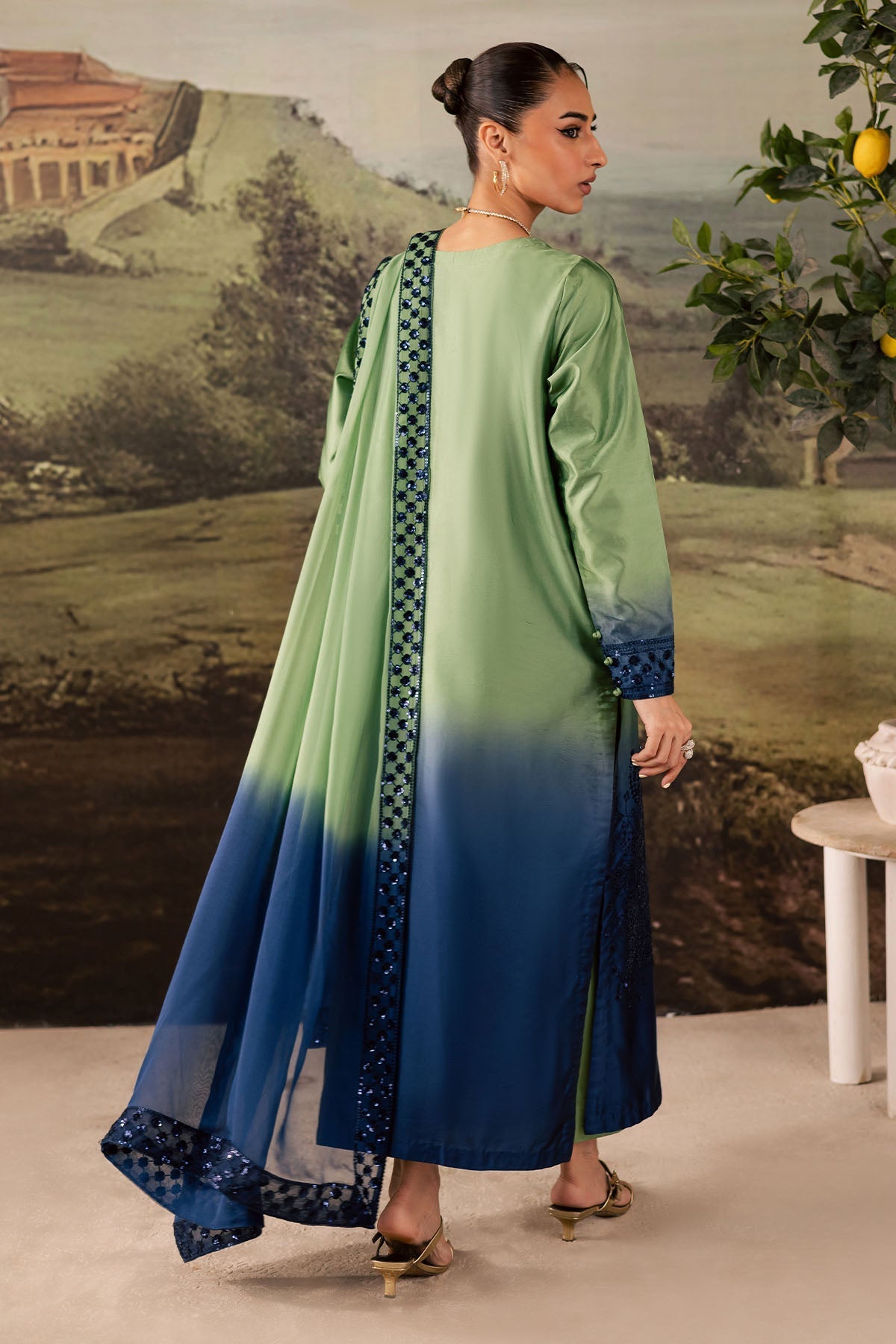 NUREH-3PC SHAMOZE SILK PRINTED EMBROIDERED SHIRT WITH SOFT SILK PRINTED EMB DUPATTA & TROUSER FS-4