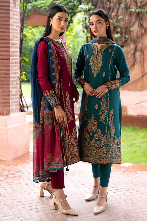 JAZMIN- 3PC DHANAK EMBROIDERED SHIRT WITH WOOL PRINT SHAWL AND TROUSER- FW-37