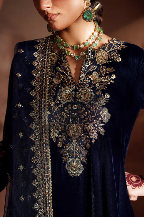 IZNIK-3PC VELVET EMBROIDERED NECKLINE WITH ORGANZA EMBROIDERED DUPATTA & VELVET EMB TROUSER