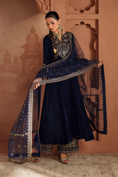 IZNIK-3PC VELVET EMBROIDERED NECKLINE WITH ORGANZA EMBROIDERED DUPATTA & VELVET EMB TROUSER
