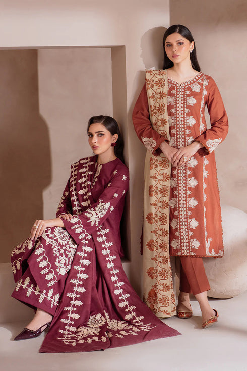 IZNIK-3PC DHANAK EMBROIDERED SHIRT WITH DHANAK EMBROIDERED SHAWL & TROUSER-FW-18