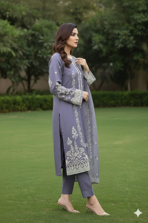 AIRY CLOTHES -3PC EMBROIDED LAWN DRESS WITH EMBROIDED ORGANZA DUPATTA- FCO-39