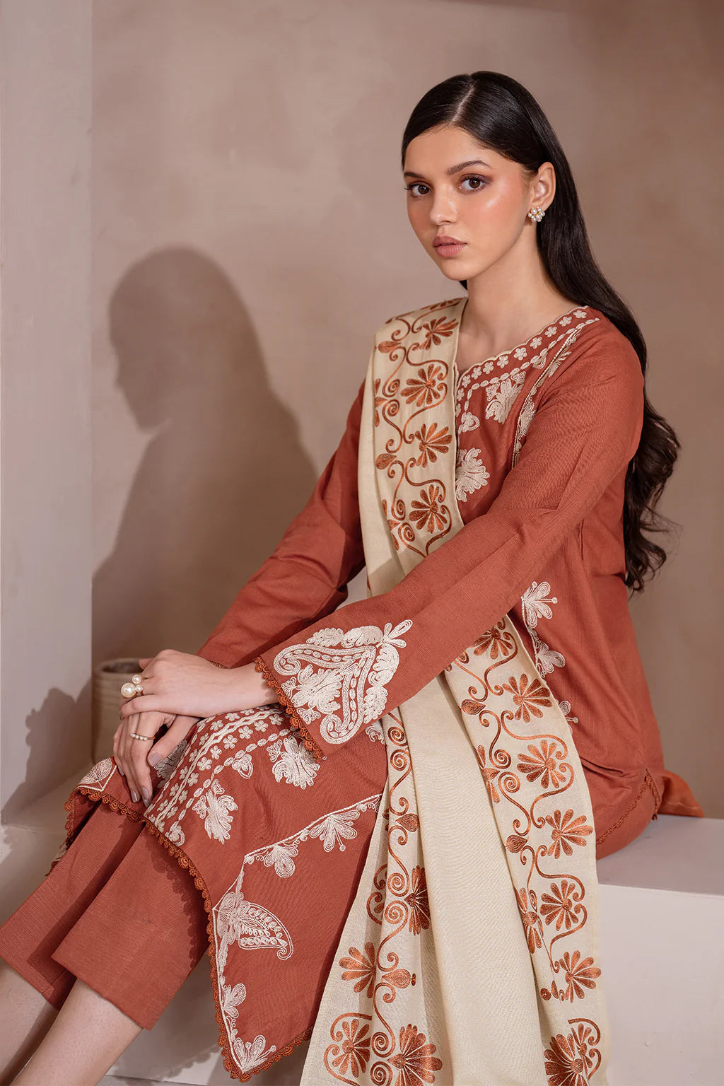 IZNIK-3PC DHANAK EMBROIDERED SHIRT WITH DHANAK EMBROIDERED SHAWL & TROUSER-FW-18