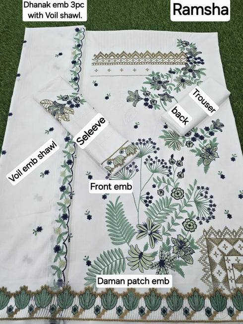 RAMSHA- DHANAK EMBROIDERED 3pc WITH DHANAK EMBROIDERED DUPPATA- EL -1 3