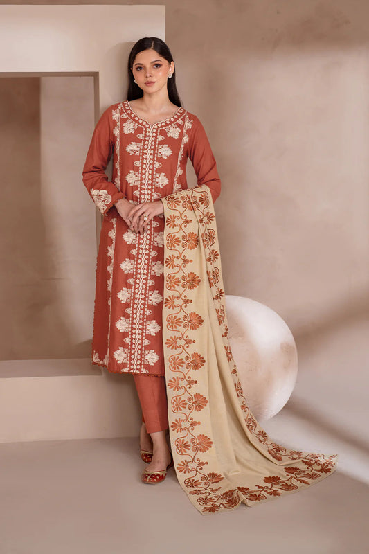 IZNIK-3PC DHANAK EMBROIDERED SHIRT WITH DHANAK EMBROIDERED SHAWL & TROUSER-FW-18
