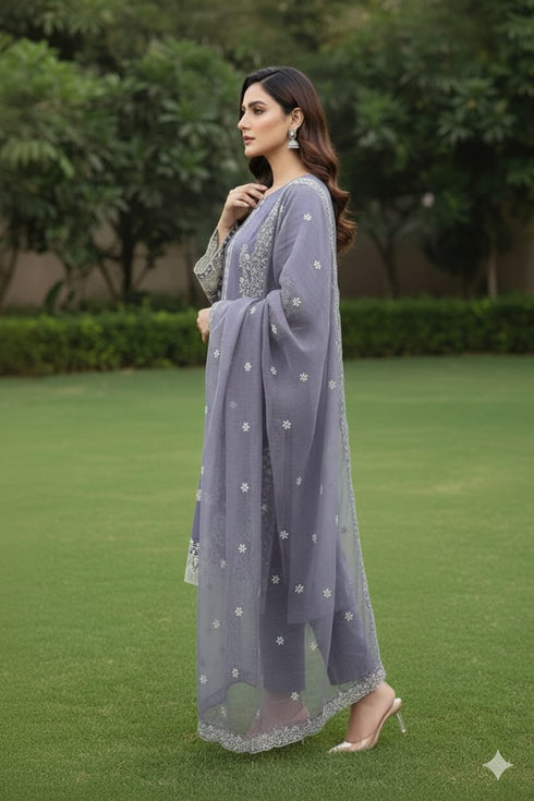 AIRY CLOTHES -3PC EMBROIDED LAWN DRESS WITH EMBROIDED ORGANZA DUPATTA- FCO-39