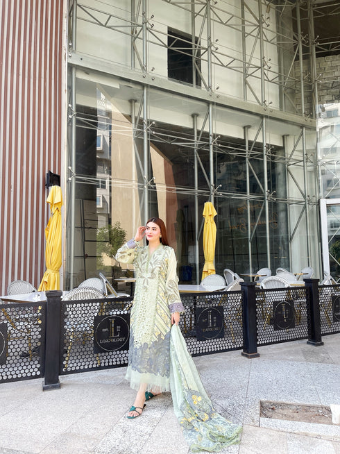 Fairy Clothes -EMBROIDED CUTWORK LINEN DRESS WITH FOUR SIDE EMBROIDED COTTON ORGANZA DUPATTA FN-142