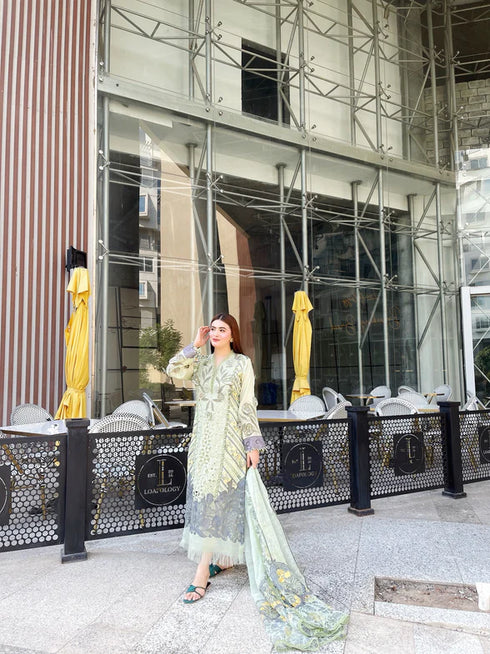 FAIRY CLOTHES-EMBROIDED CUTWORK LAWN DRESS WITH FOUR SIDE EMBROIDED COTTON ORGANZA DUPATTA FN-142