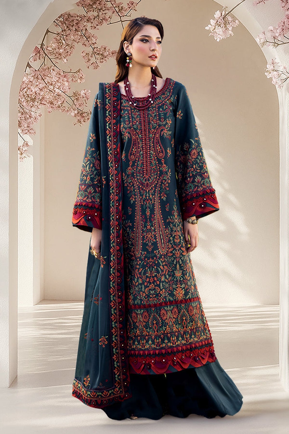 ASIM JOFA-3PC DHANAK EMBROIDERED SHIRT WITH DHANAK EMBROIDERED SHAWL AND TROUSER -FW-1