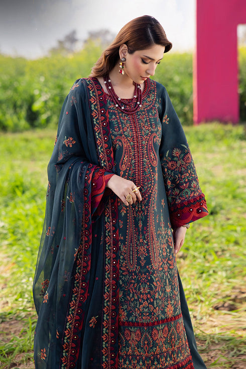 ASIM JOFA-3PC DHANAK EMBROIDERED SHIRT WITH DHANAK EMBROIDERED SHAWL AND TROUSER -FW-1
