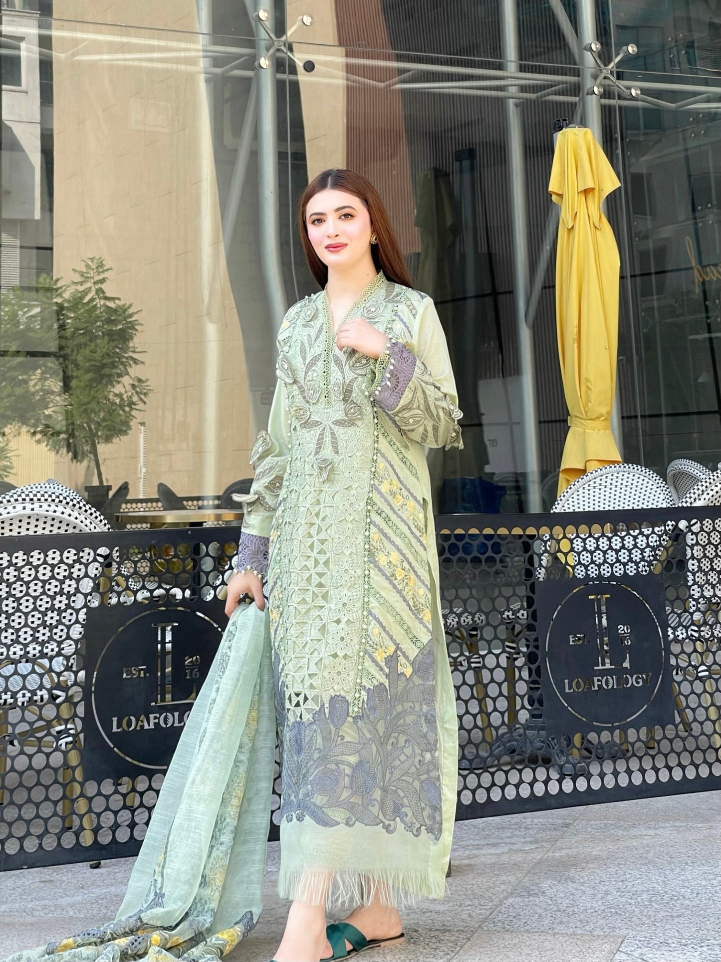 Fairy Clothes -EMBROIDED CUTWORK LINEN DRESS WITH FOUR SIDE EMBROIDED COTTON ORGANZA DUPATTA FN-142