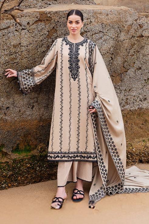 CROSS STITCH-3PC DHANAK EMBROIDERED SHIRT WITH DHANAK EMBROIDERED SHAWL AND TROUSER FW-2