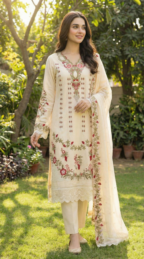 FAIRY CLOTHES-3PC EMBROIDED LAWN DRESS WITH EMBROIDED CHIFFON DUPATTA- FCO-43