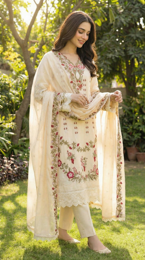 FAIRY CLOTHES-3PC EMBROIDED LAWN DRESS WITH EMBROIDED CHIFFON DUPATTA- FCO-43
