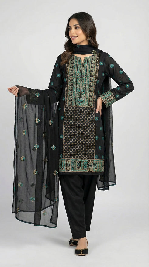 FAIRY CLOTHES-3PC EMBROIDED LAWN DRESS WITH EMBROIDED CHIFFON DUPATTA- FCO-44