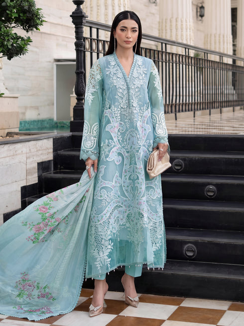 MARIA B -3PC FULLY EMBROIDERED CUTWORK LAWN DRESS WITH 4 SIDE LACED SILK DUPATTA- FN-09 BR 1517 SKY BLUE