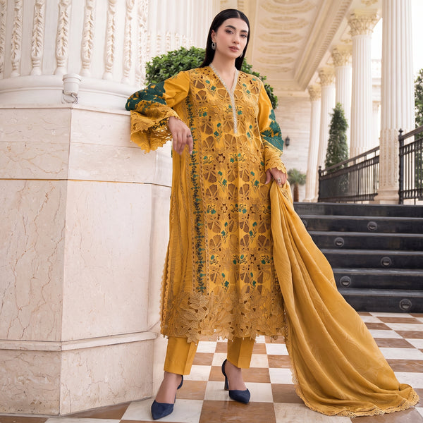 MARIA B - LAWN EMBROIDERED SHIRT WITH BARNOUT EMBROIDERED DUPPATA BR-1507 MUSTARD