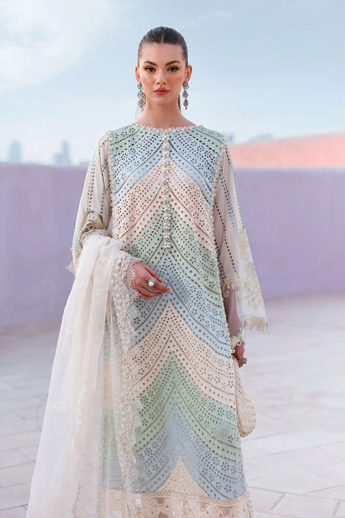 MARIA B - 3PC EMBROIDED CUTWORK LAWN DRESS WITH FOUR SIDE EMBROIDED BURNOUT ORGANZA DUPATTA- FCO-28B