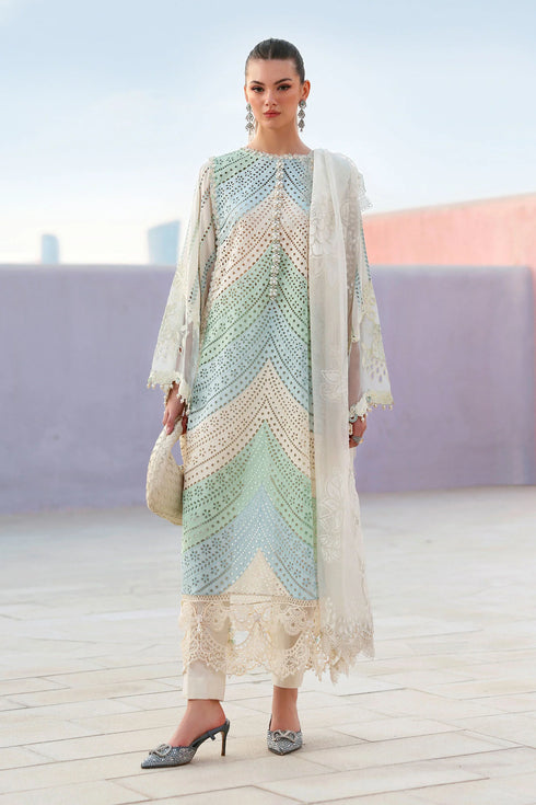 MARIA B - 3PC EMBROIDED CUTWORK LAWN DRESS WITH FOUR SIDE EMBROIDED BURNOUT ORGANZA DUPATTA- FCO-28B