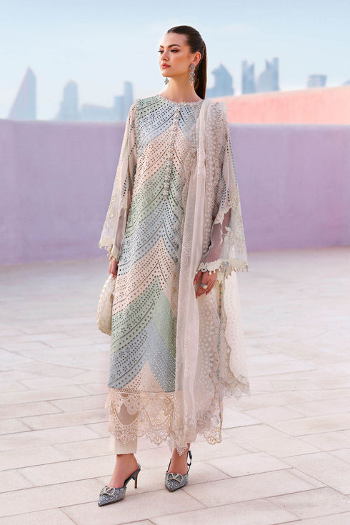 MARIA B - 3PC EMBROIDED CUTWORK LAWN DRESS WITH FOUR SIDE EMBROIDED BURNOUT ORGANZA DUPATTA- FCO-28B