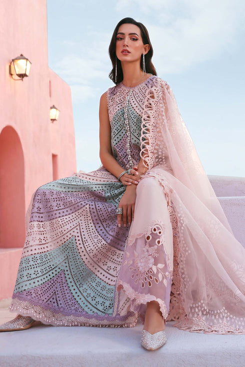 MARIA B - 3PC EMBROIDED CUTWORK LAWN DRESS WITH FOUR SIDE EMBROIDED BURNOUT ORGANZA DUPATTA- FCO-28A