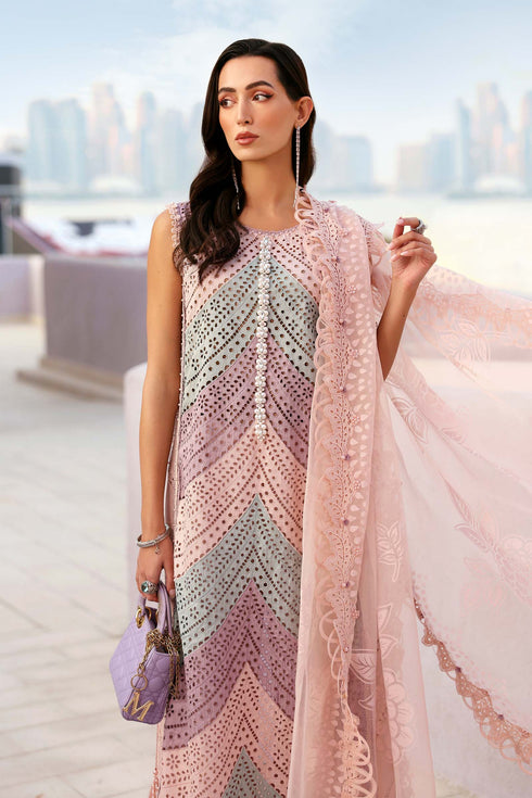 MARIA B - 3PC EMBROIDED CUTWORK LAWN DRESS WITH FOUR SIDE EMBROIDED BURNOUT ORGANZA DUPATTA- FCO-28A