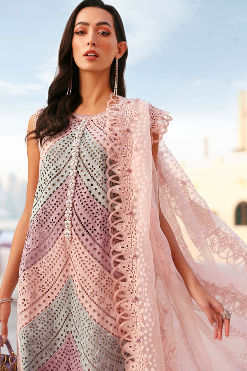 MARIA B - 3PC EMBROIDED CUTWORK LAWN DRESS WITH FOUR SIDE EMBROIDED BURNOUT ORGANZA DUPATTA- FCO-28A