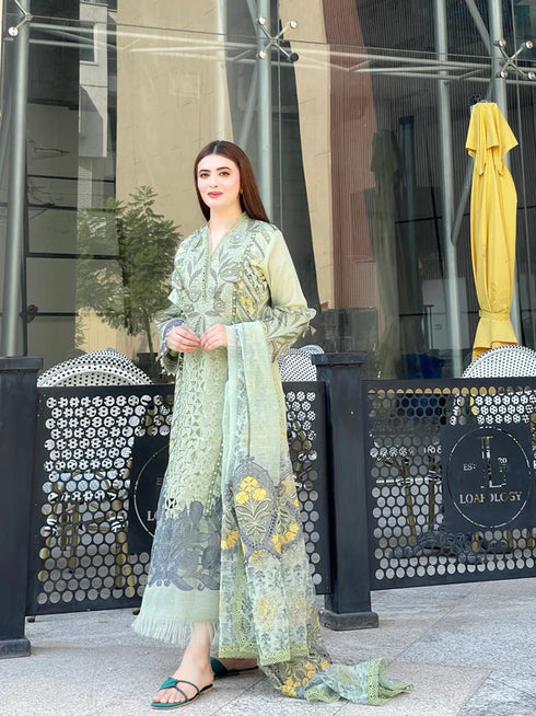 FAIRY CLOTHES-EMBROIDED CUTWORK LAWN DRESS WITH FOUR SIDE EMBROIDED COTTON ORGANZA DUPATTA FN-142