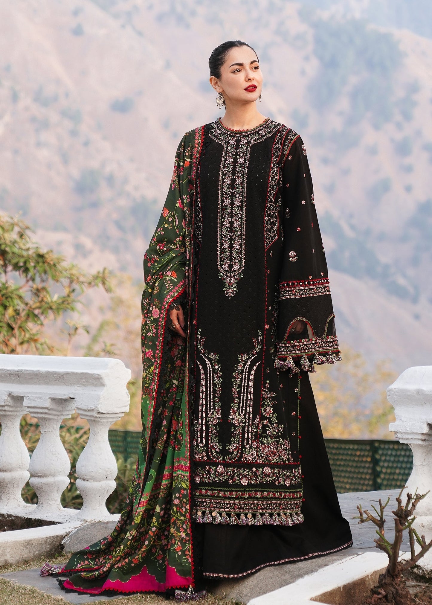 HUSSAIN REHAR-3PC DHANAK EMBROIDERED SHIRT WITH COURTRAI PRINTED SHAWL AND TROUSER-FW-12