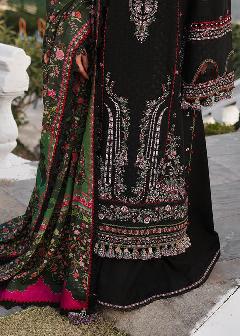HUSSAIN REHAR-3PC DHANAK EMBROIDERED SHIRT WITH COURTRAI PRINTED SHAWL AND TROUSER-FW-12