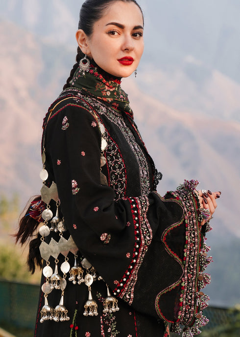 HUSSAIN REHAR-3PC DHANAK EMBROIDERED SHIRT WITH COURTRAI PRINTED SHAWL AND TROUSER-FW-12