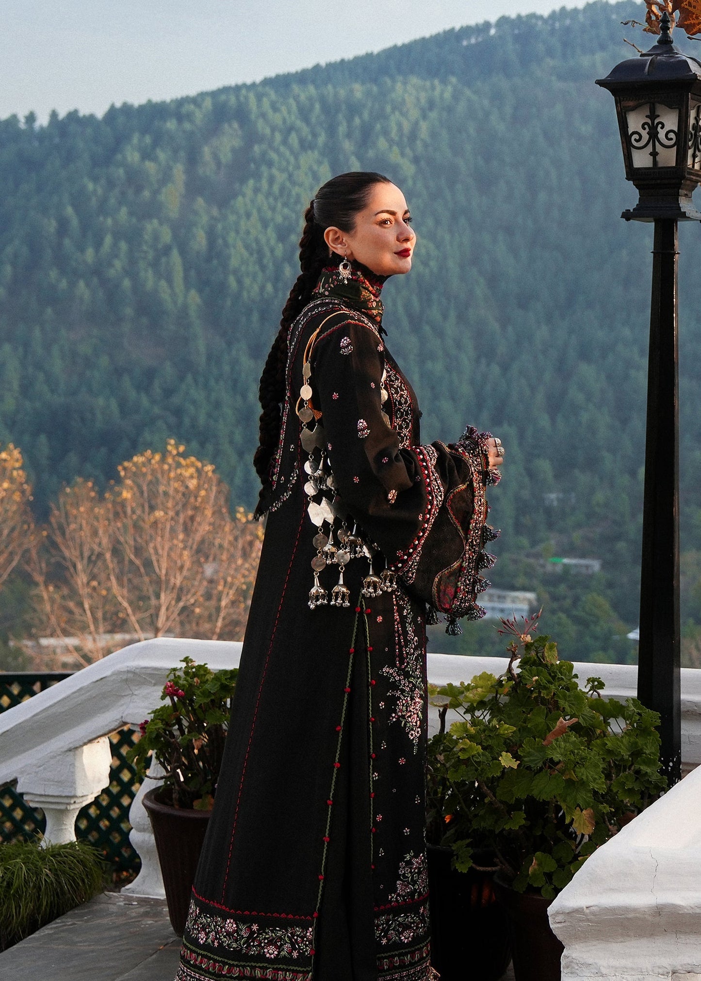 HUSSAIN REHAR-3PC DHANAK EMBROIDERED SHIRT WITH COURTRAI PRINTED SHAWL AND TROUSER-FW-12