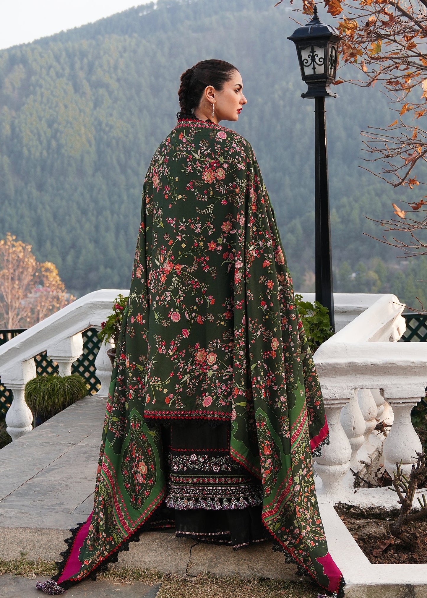 HUSSAIN REHAR-3PC DHANAK EMBROIDERED SHIRT WITH COURTRAI PRINTED SHAWL AND TROUSER-FW-12