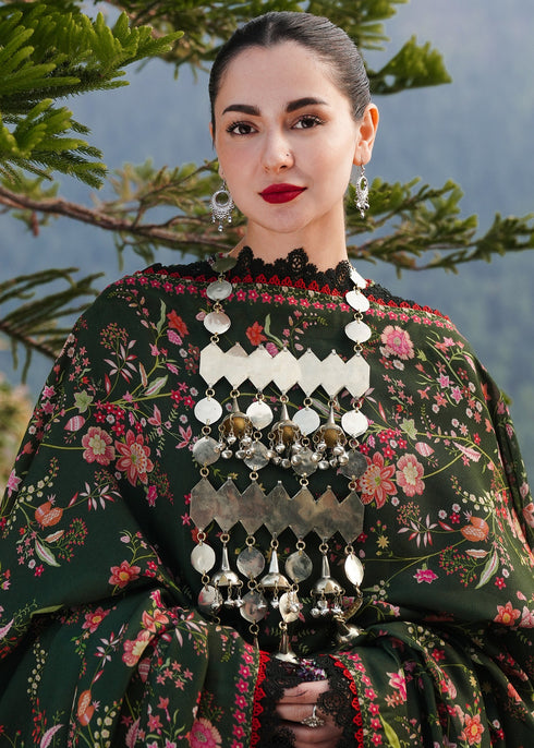 HUSSAIN REHAR-3PC DHANAK EMBROIDERED SHIRT WITH COURTRAI PRINTED SHAWL AND TROUSER-FW-12