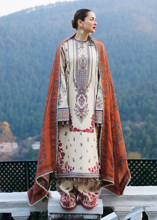 HUSSAIN REHAR-3PC DHANAK EMBROIDERED SHIRT WITH COURTRAI PRINTED SHAWL AND TROUSER-FW-8