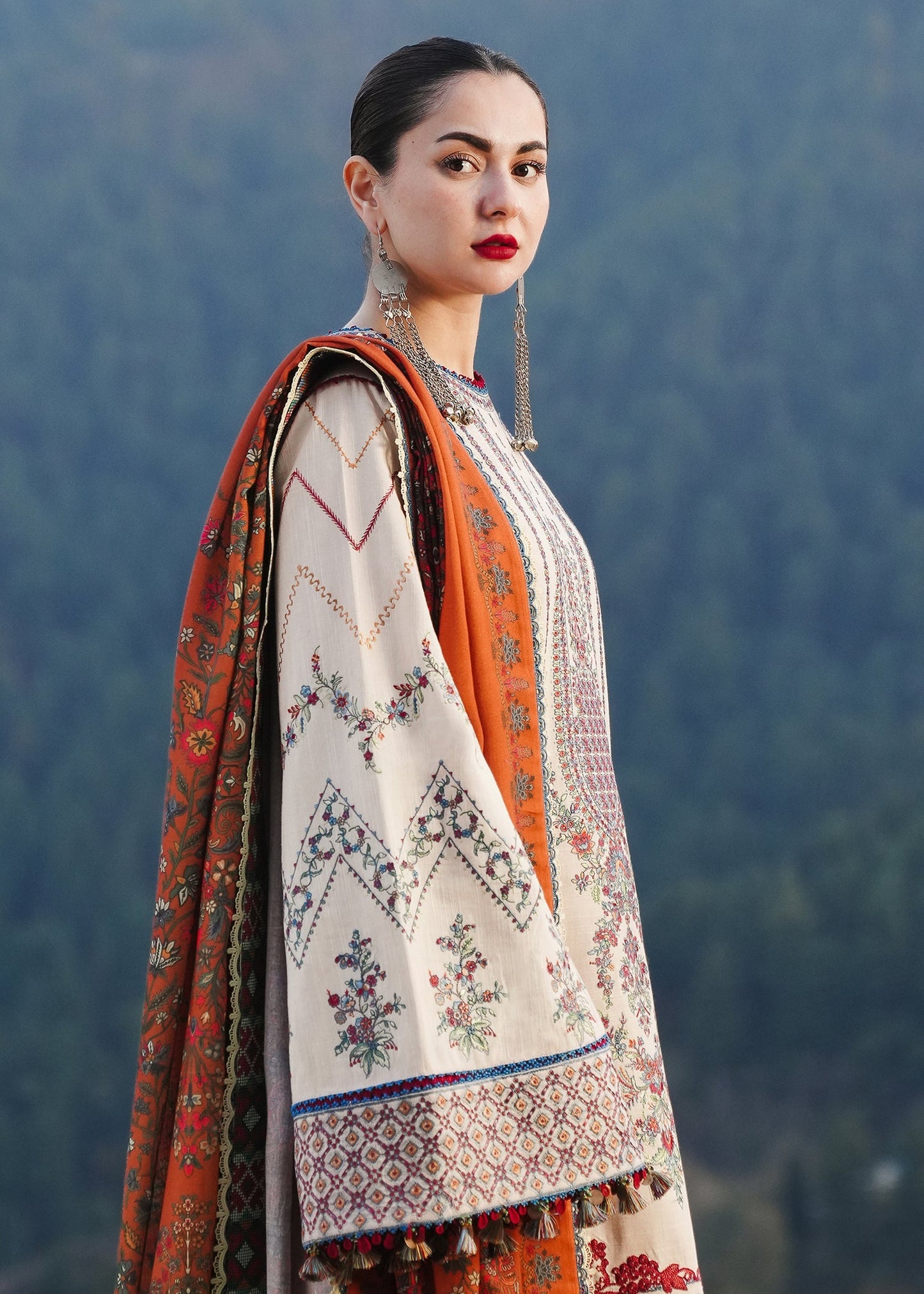 HUSSAIN REHAR-3PC DHANAK EMBROIDERED SHIRT WITH COURTRAI PRINTED SHAWL AND TROUSER-FW-8