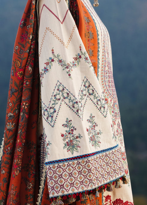 HUSSAIN REHAR-3PC DHANAK EMBROIDERED SHIRT WITH COURTRAI PRINTED SHAWL AND TROUSER-FW-8
