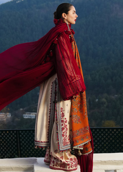 HUSSAIN REHAR-3PC DHANAK EMBROIDERED SHIRT WITH COURTRAI PRINTED SHAWL AND TROUSER-FW-8