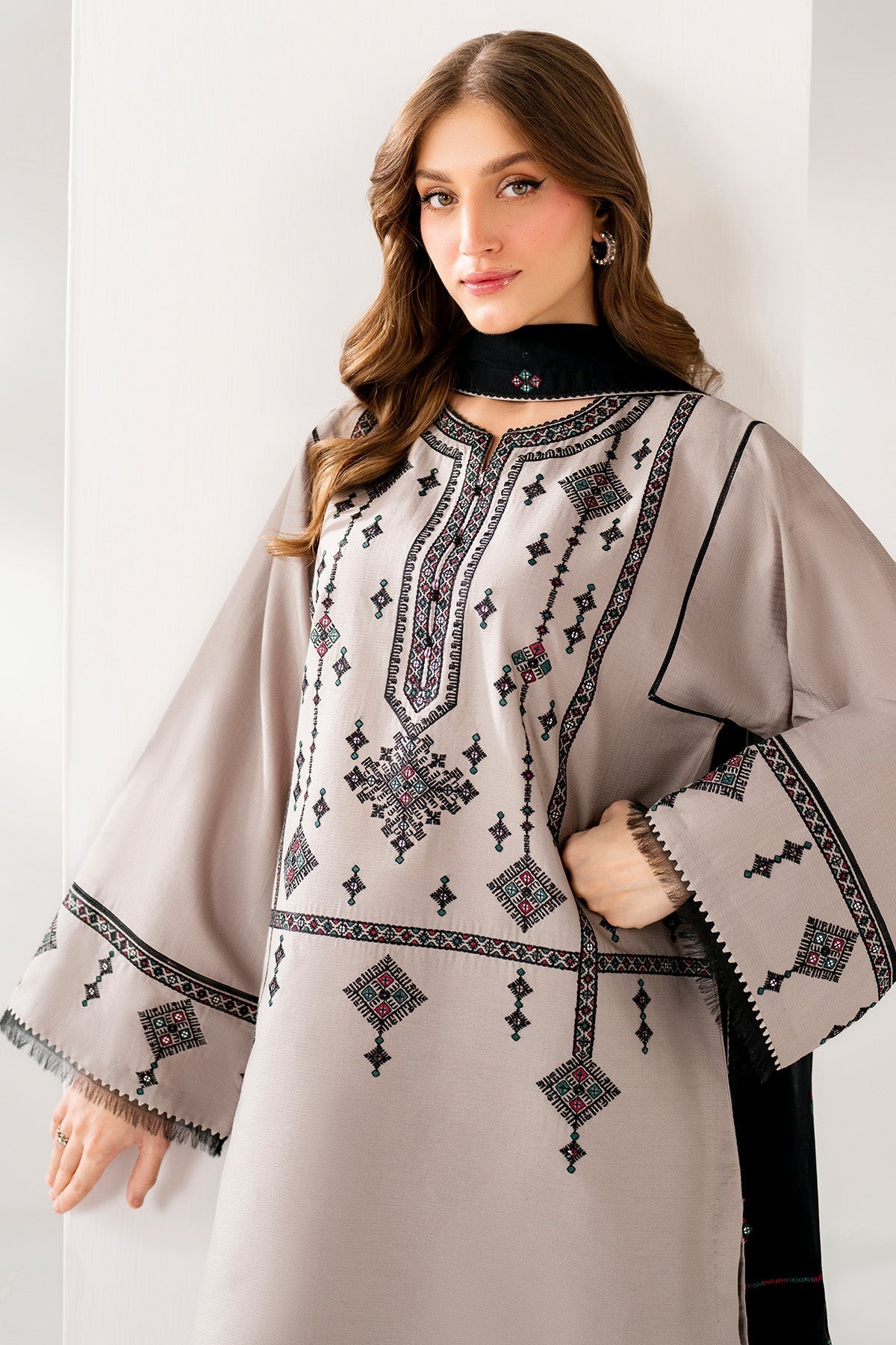 JAZMIN-3PC DHANAK EMBROIDERED SHIRT WITH CHIFFON EMB DUPATTA AND TROUSER-FW-7
