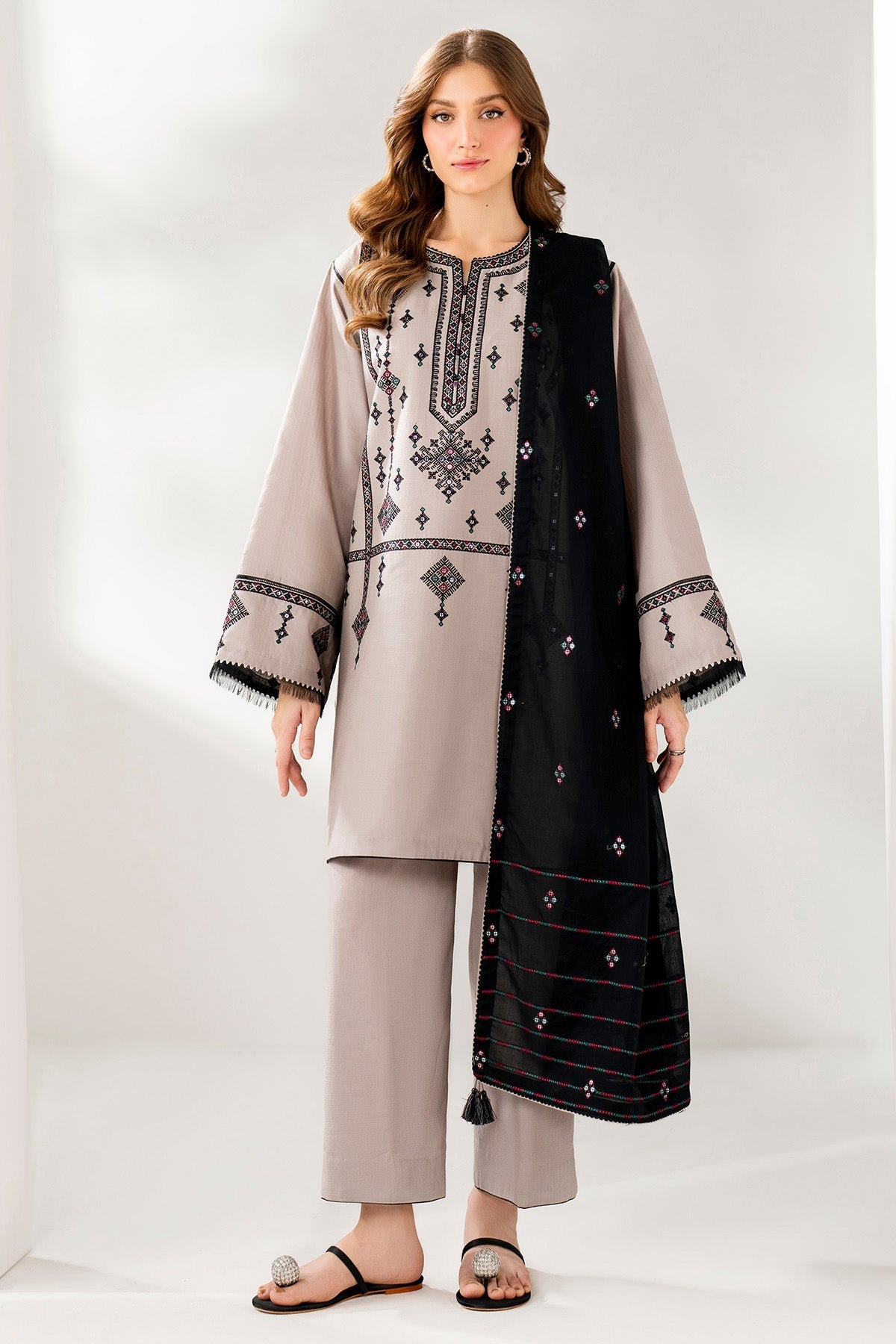 JAZMIN-3PC DHANAK EMBROIDERED SHIRT WITH CHIFFON EMB DUPATTA AND TROUSER-FW-7