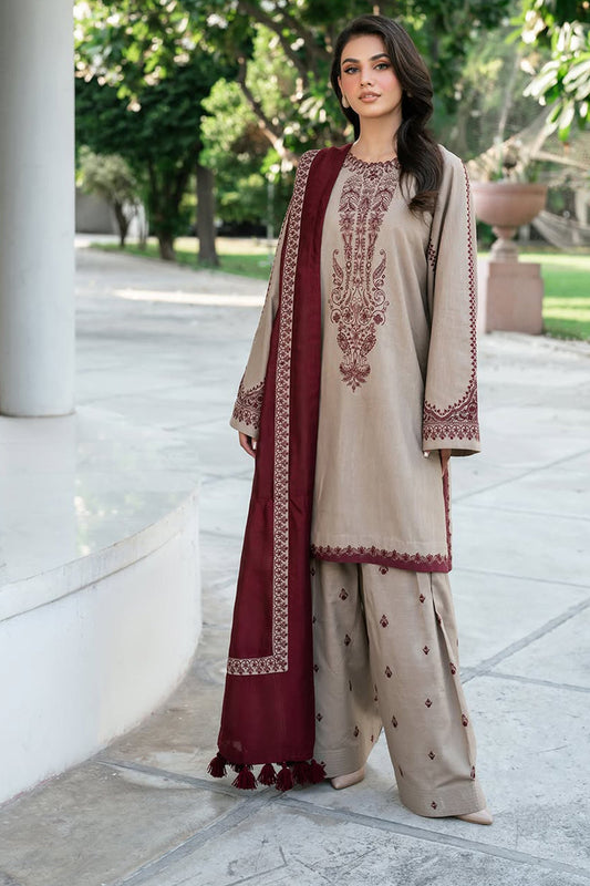 BAROQUE-3PC DHANAK EMBROIDERED SHIRT WITH DHANAK EMBROIDERED SHAWL AND EMB TROUSER-FW-13