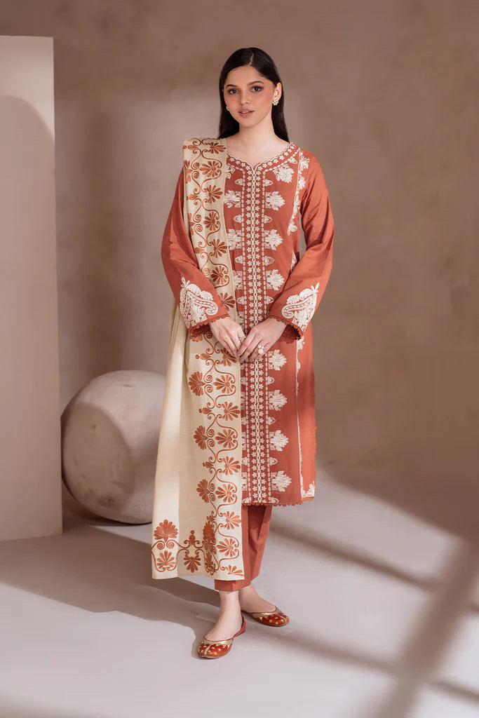 IZNIK-3PC DHANAK EMBROIDERED SHIRT WITH DHANAK EMBROIDERED SHAWL & TROUSER-FW-18