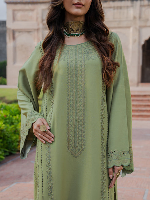 IZEL-3PC DHANAK EMBROIDERED SHIRT WITH COURTRAI PRINTED SHAWL & TROUSER-FW-228