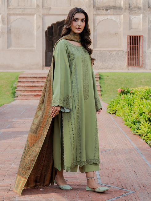 IZEL-3PC DHANAK EMBROIDERED SHIRT WITH COURTRAI PRINTED SHAWL & TROUSER-FW-228
