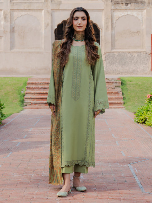 IZEL-3PC DHANAK EMBROIDERED SHIRT WITH COURTRAI PRINTED SHAWL & TROUSER-FW-228