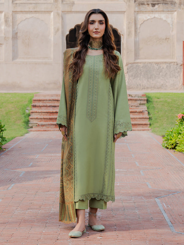 IZEL-3PC DHANAK EMBROIDERED SHIRT WITH COURTRAI PRINTED SHAWL & TROUSER-FW-228