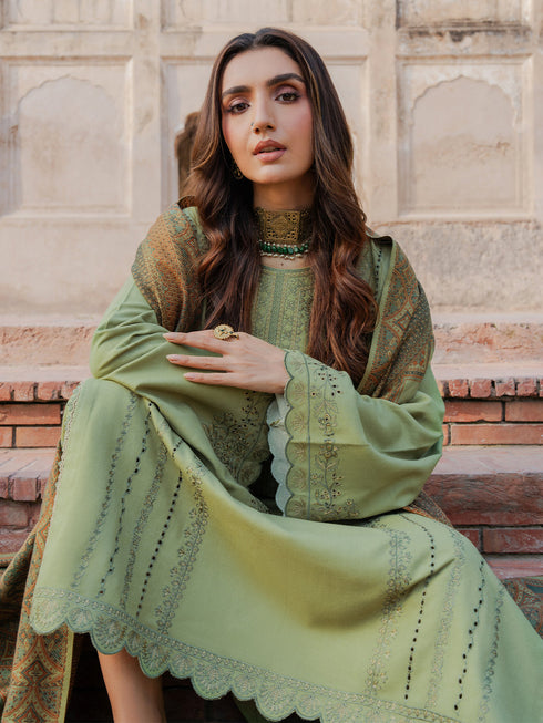 IZEL-3PC DHANAK EMBROIDERED SHIRT WITH COURTRAI PRINTED SHAWL & TROUSER-FW-228