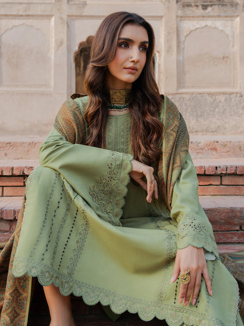 IZEL-3PC DHANAK EMBROIDERED SHIRT WITH COURTRAI PRINTED SHAWL & TROUSER-FW-228